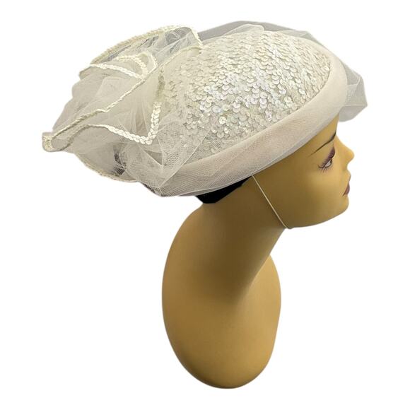 Vintage White Off-white Hat W/ Netting Sequins Classic Pillbox Wedding Chic 60’s main image 13